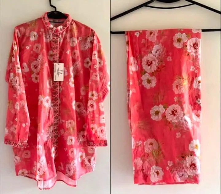 Pink Coral Floral Kurta & Pants flat lay