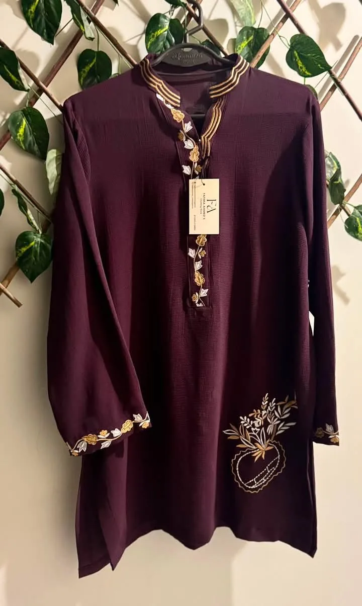 Maroon Embroidered Kurta with Gold Trim flat lay