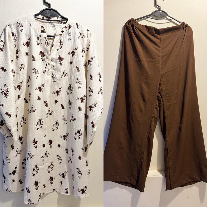White Floral Kurta with Brown Palazzo Pants product photo