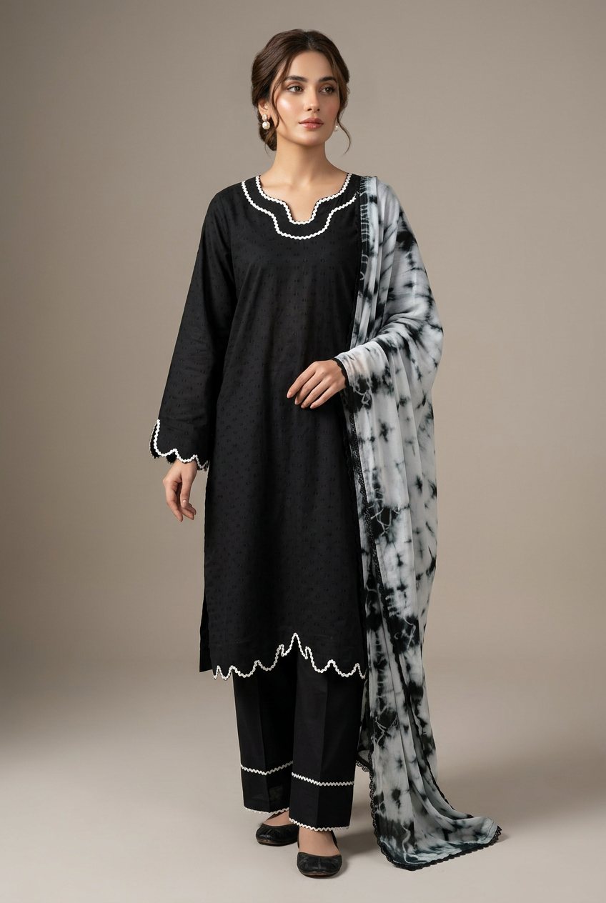 Black Scalloped Kurta with Tie-Dye Dupatta (3-Piece Set)
