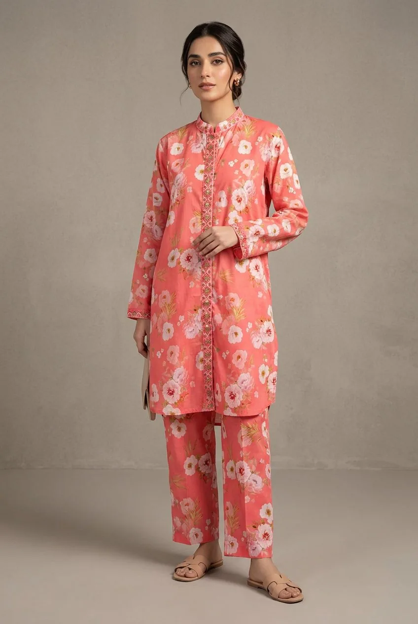 Pink Coral Floral Kurta & Pants worn by model