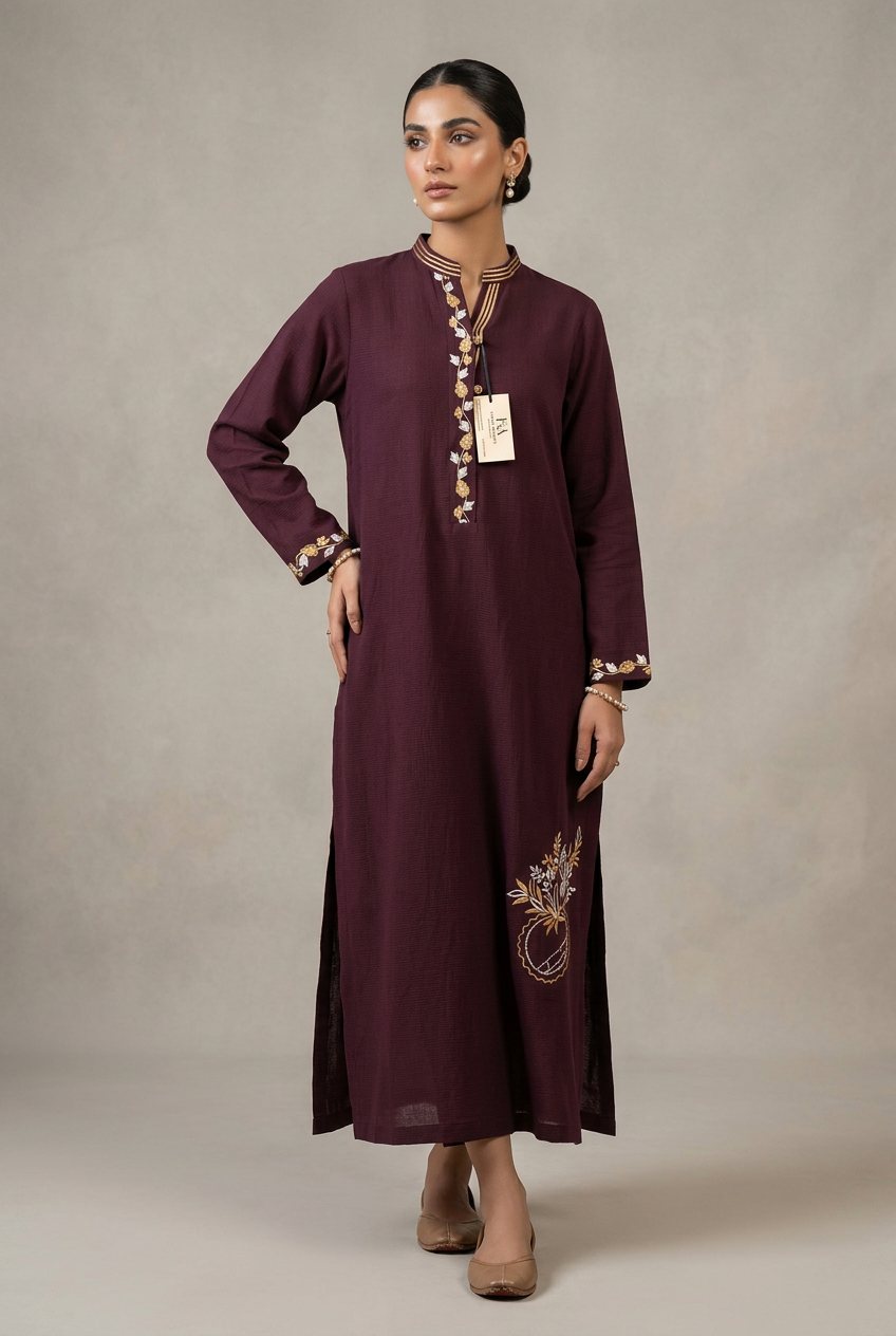 Maroon Embroidered Kurta with Gold Trim
