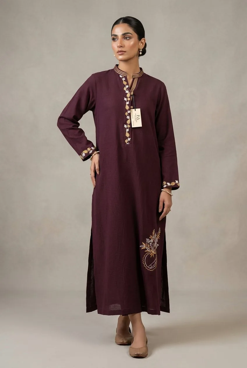 Maroon Embroidered Kurta with Gold Trim worn by model