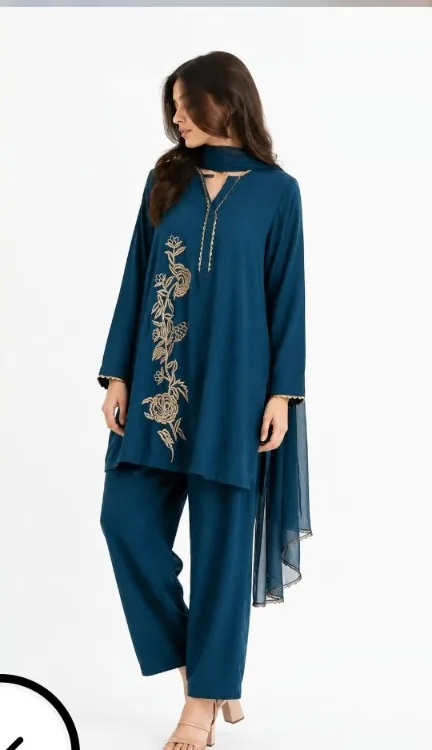 Mor Teal Embroidered Cord Set worn by model
