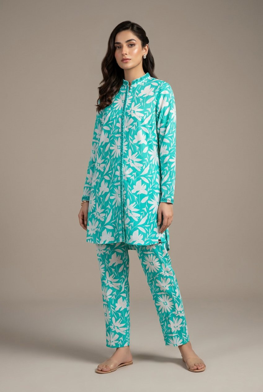 Turquoise Floral Print Kurta & Pants