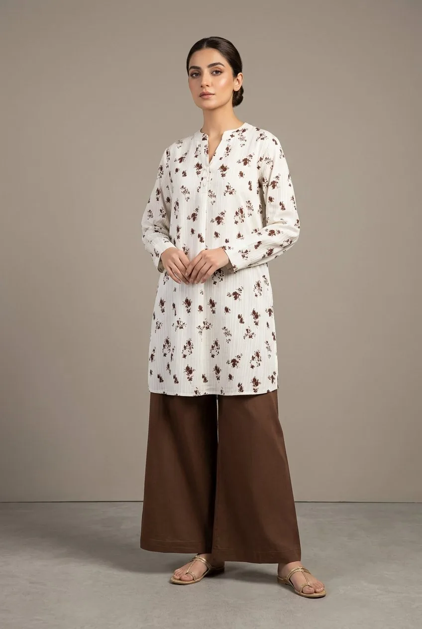 White Floral Kurta with Brown Palazzo Pants worn by model